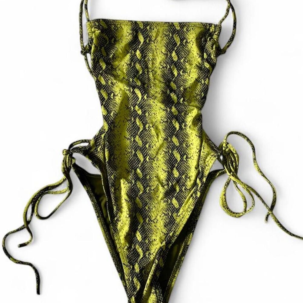 Fashion Nova Lime Green and Black Snakeskin Print Cut Out One Piece Swimsuit